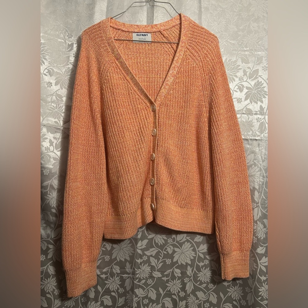 Old Navy Relaxed High V-Neck Button-Front Cardigan Sweater Orange Multi Size L.